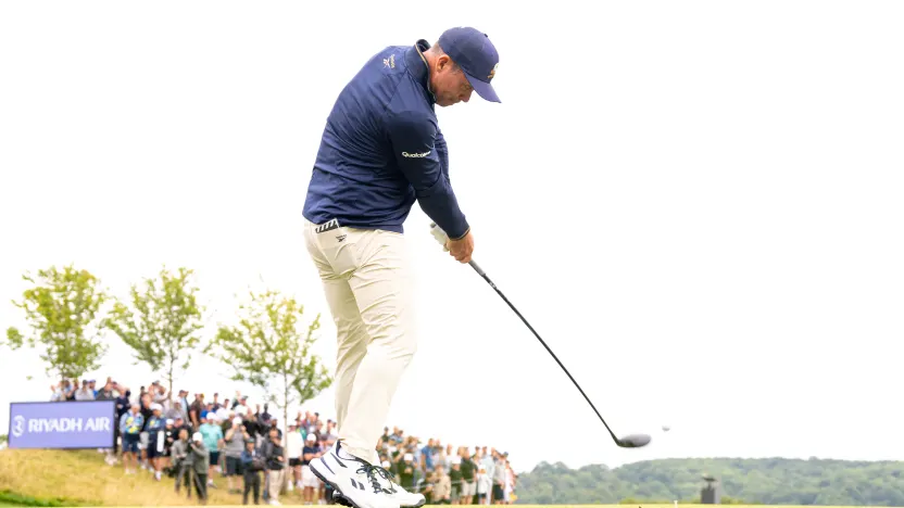 Paul Casey of Crushers GC hits his shot from the third tee during the final round of LIV Golf United Kingdom at JCB Golf & Country Club on Sunday, July 27, 2025 in Rocester, England. (Photo by Charles Laberge/LIV Golf)