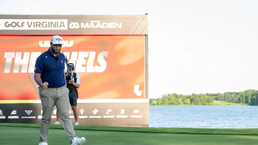 Captain Jon Rahm of Legion XIII reacts to his putt on the 18th green during the Duels Virginia before the start of LIV Golf Virginia at Robert Trent Jones Golf Club on Tuesday, June 03, 2025 in Gainesville, Virginia. (Photo by Charles Laberge/LIV Golf)