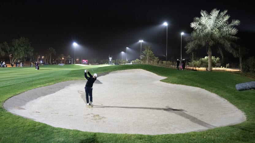 image: Captain Jon Rahm of Legion XIII hits his shot from a bunker on the second hole during the final round of LIV Golf Riyadh at Riyadh Golf Club on Saturday, February 08, 2025 in Riyadh, Saudi Arabia. (Photo by Charles Laberge/LIV Golf)