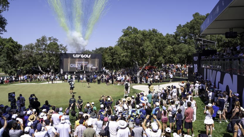 First place team champions, Captain Jon Rahm, Tom McKibbin, Caleb Surratt, Tyrrell Hatton of Legion XIII celebrate during the trophy ceremony after the final round of LIV Golf Andalucía at Real Club Valderrama on Sunday, July 13, 2025 in San Roque, Spain. (Photo by Mateo Villalba/LIV Golf)