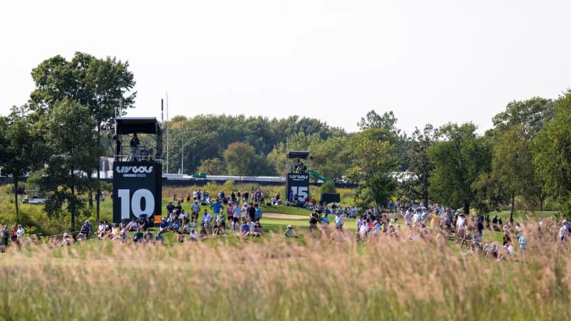 A general view of the tenth and 15th holes are seen during the second round of LIV Golf Chicago at the Rich Harvest Farms on Saturday, September 23, 2023 in Sugar Grove, Illinois. (Photo by Katelyn Mulcahy/LIV Golf)