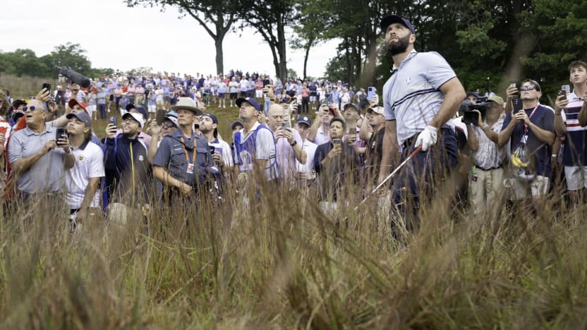 Jon Rahm of Team Europe hits his shot from the rough on the ninth hole during the morning foursomes of the Ryder Cup at Bethpage Black Golf Course on Friday, September 26, 2025 in Farmingdale, New York. (Photo by Charles Laberge/LIV Golf)