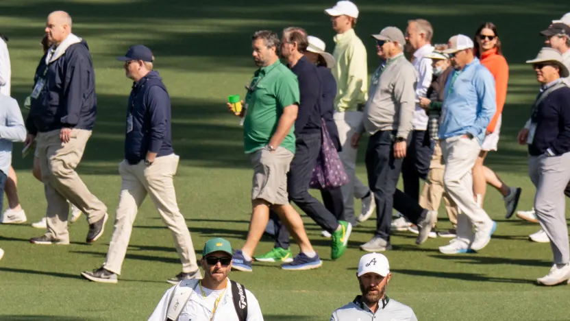 Captain Dustin Johnson of 4Aces GC and caddie, Austin Johnson, are seen during the practice round before the start of The Masters at the Augusta National Golf Club on Wednesday, April 09, 2025 in Augusta, Georgia. (Photo by Montana Pritchard/LIV Golf)