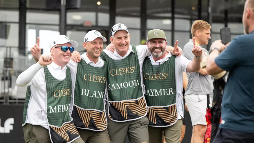 Team Champion, Cleeks GC caddies, Stuart Beck, James Walton, John Dempster and Craig Connelly pose for a photo on the 18th green during the final round of LIV Golf Houston at Golf Club of Houston on Sunday, June 09, 2024 in Humble, Texas. (Photo by Jenna Schaefer/LIV Golf)