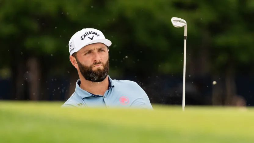 Captain Jon Rahm of Legion XIII hits his shot from a bunker on the fourth hole during the second round of the 2025 PGA Championship at Quail Hollow Club on Friday, May 16, 2025 in Charlotte, North Carolina. (Photo by Jon Ferrey/LIV Golf)
