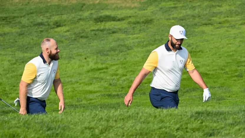 Jon Rahm and Tyrrell Hatton of Team Europe are seen during the practice round before the start of the Ryder Cup at Bethpage Black Golf Course on Tuesday, September 23, 2025 in Farmingdale, New York. (Photo by Charles Laberge/LIV Golf)