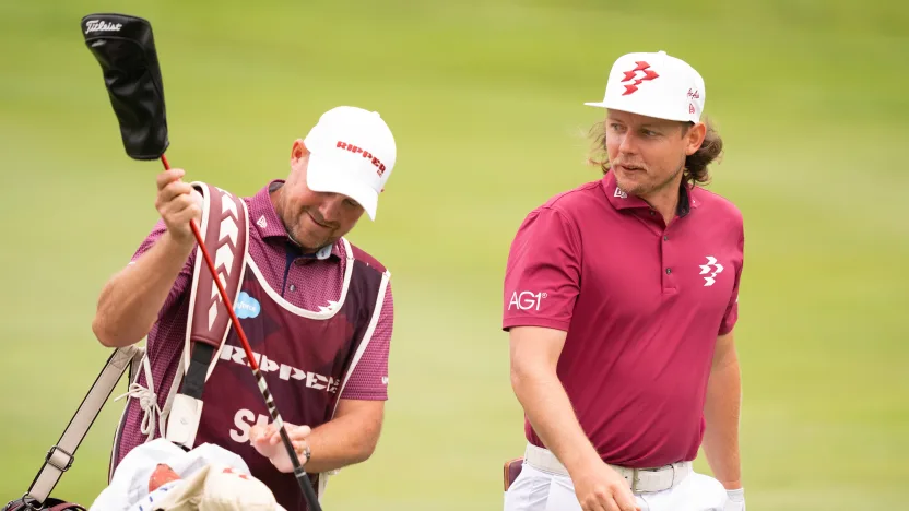 Captain Cameron Smith of Ripper GC and caddie, Sam Pinfold walk on the eighth hole during the final round of LIV Golf Virginia at Robert Trent Jones Golf Club on Sunday, June 08, 2025 in Gainesville, Virginia. (Photo by Pedro Salado/LIV Golf)