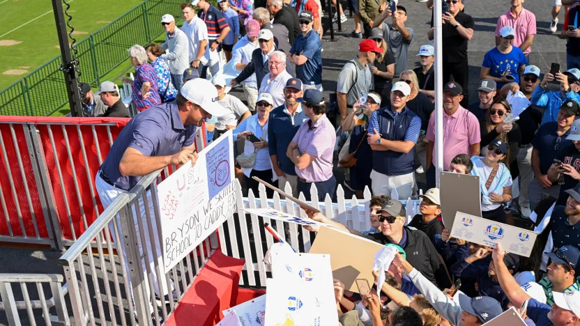 Bryson DeChambeau of Team USA signs autographs for fans during the practice round before the 2025 Ryder Cup at Bethpage State Park on Tuesday, September 23, 2025 in Farmingdale, New York. (Photo by Charles Laberge/LIV Golf)
