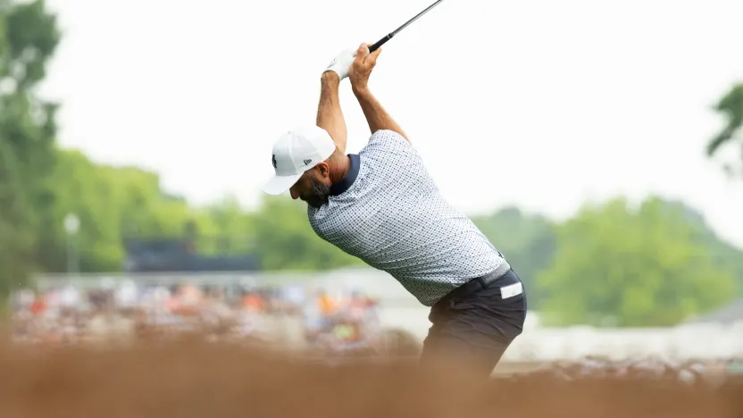 Captain Dustin Johnson of 4Aces GC hits his shot on the 10th hole during the second round of the 2025 PGA Championship at Quail Hollow Club on Friday, May 16, 2025 in Charlotte, North Carolina. (Photo by Jon Ferrey/LIV Golf)