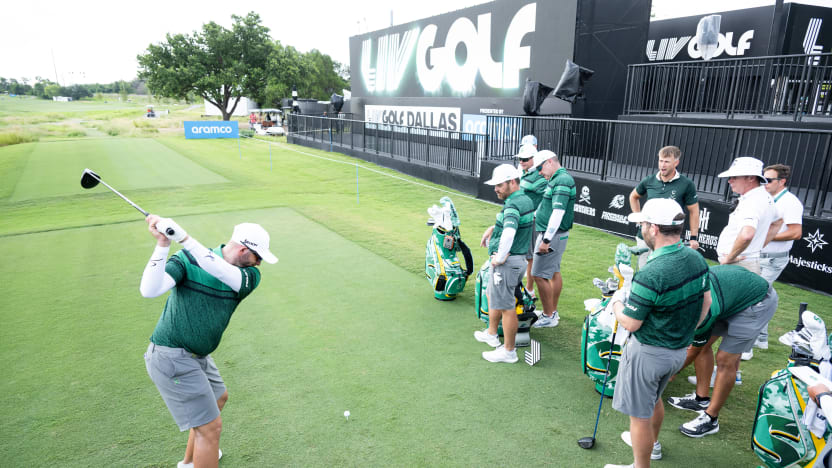 Dean Burmester of Stinger GC hits his shot from the first tee during the practice round before the start of LIV Golf Dallas at Maridoe Golf Club on Wednesday, June 25, 2025 in Carrollton, Texas. (Photo by Charles Laberge/LIV Golf)