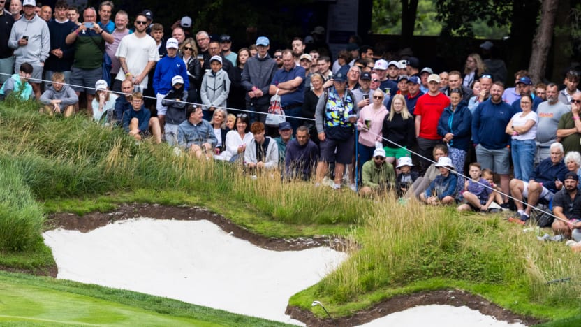 Abraham Ancer of Fireballs GC hits his shot from a bunker on the ninth hole during the final round of LIV Golf United Kingdom at JCB Golf & Country Club on Sunday, July 27, 2025 in Rocester, England. (Photo by Jon Ferrey/LIV Golf)