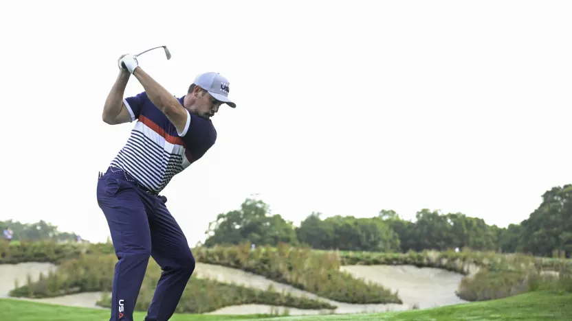 Bryson DeChambeau of Team USA hits a shot during the morning foursomes of the Ryder Cup at Bethpage Black Golf Course on Friday, September 26, 2025 in Farmingdale, New York. (Photo by Charles Laberge/LIV Golf)