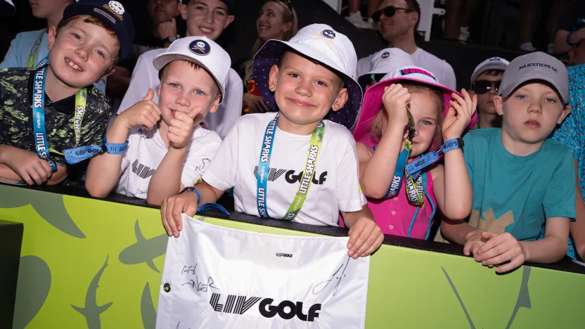 Little Sharks are seen on the first tee during the first round of LIV Golf United Kingdom at JCB Golf & Country Club on Friday, July 25, 2025 in Rocester, England. (Photo by Pedro Salado/LIV Golf)