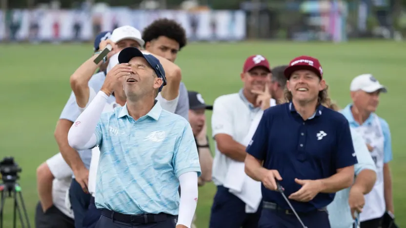 Captain Sergio Garcia of Fireballs GC reacts to his shot during The Duels before the start of LIV Golf Miami at Trump National Doral on Thursday, April 03, 2025 in Miami, Florida. (Photo by Jon Ferrey/LIV Golf)