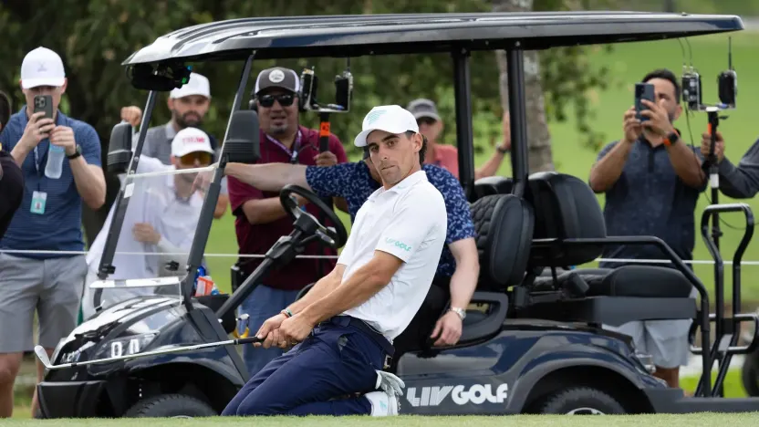Captain Joaquín Niemann of Torque GC reacts to his shot during The Duels before the start of LIV Golf Miami at Trump National Doral on Thursday, April 03, 2025 in Miami, Florida. (Photo by Jon Ferrey/LIV Golf)
