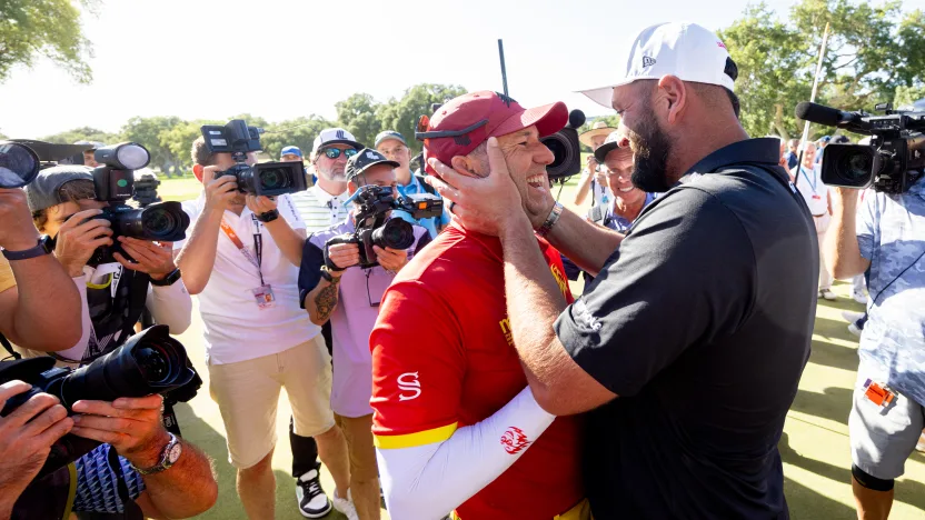 First place individual champion Captain Sergio Garcia of Fireballs GC celebrates with Captain Jon Rahm of Legion XIII, after winning the playoff of the final round of LIV Golf Andalucía at Real Club Valderrama on Sunday, July 14, 2024 in San Roque, Spain. (Photo by Chris Trotman/LIV Golf)