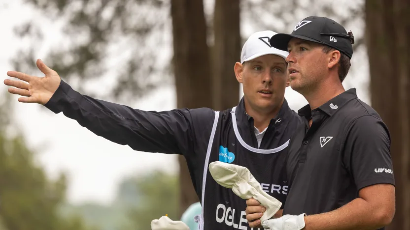 Andy Ogletree of HyFlyers GC and caddie, Devin Stanton, are seen on the first tee during the final round of LIV Golf Virginia at Robert Trent Jones Golf Club on Sunday, June 08, 2025 in Gainesville, Virginia. (Photo by LIV Golf)