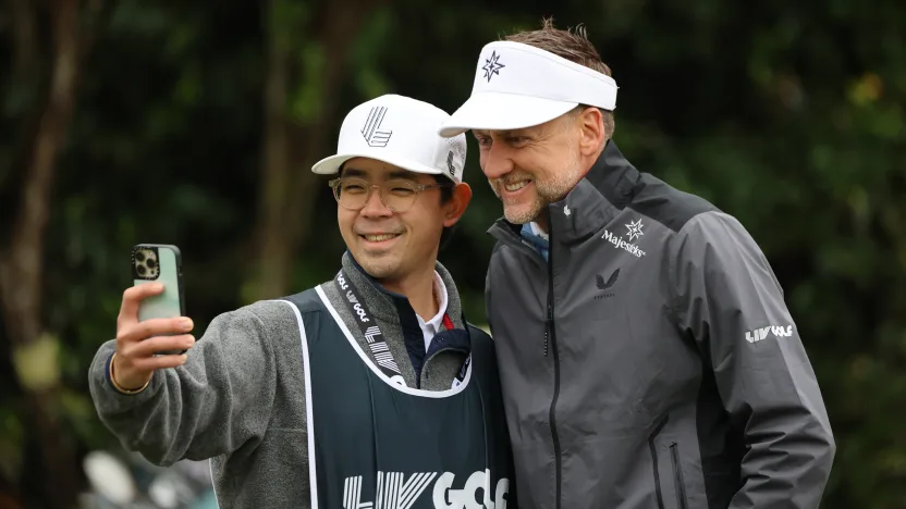 Co-Captain Ian Poulter of Majesticks GC and a local caddie during the pro-am before the start of LIV Golf Hong Kong at Hong Kong Golf Club Fanling on Thursday, March 06, 2025 in Fanling, Hong Kong. (Photo by Angus Gill/Majesticks GC)