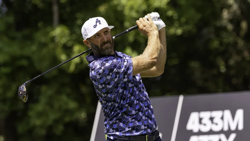 Captain Dustin Johnson of 4Aces GC hits his shot from the ninth tee during the final round of LIV Golf Indianapolis at The Club at Chatham Hills on Sunday, August 17, 2025 in Westfield, Indiana. (Photo by Scott Taetsch/LIV Golf)