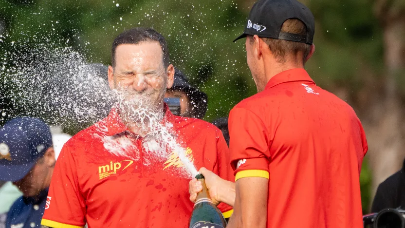 David Puig of Fireballs GC celebrates with First place individual champion, Captain Sergio Garcia of Fireballs GC on the 18th green after the final round of LIV Golf Hong Kong at Hong Kong Golf Club Fanling on Sunday, March 09, 2025 in Fanling, Hong Kong. (Photo by Mike Stobe/LIV Golf)