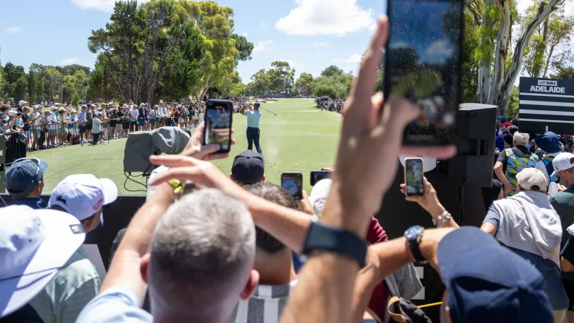 Captain Bryson DeChambeau of Crushers GC hits his shot from the third tee during the first round of LIV Golf Adelaide at Grange Golf Club on Friday, February 14, 2025 in Adelaide, Australia. (Photo by Charles Laberge/LIV Golf)