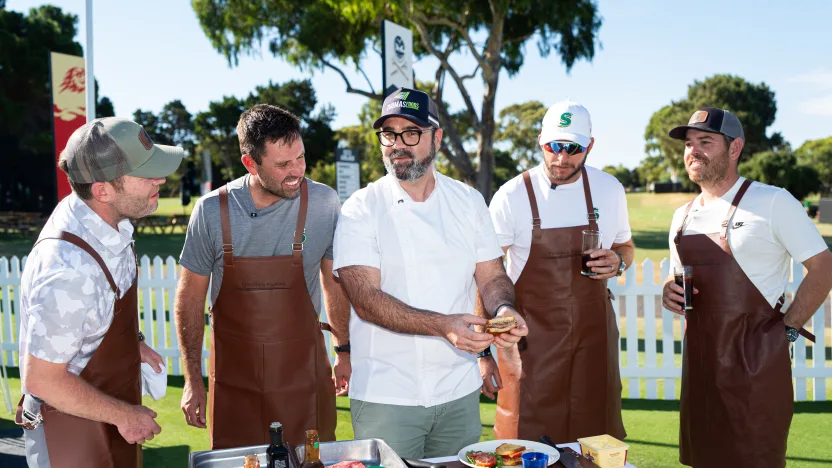 Branden Grace of Stinger GC, Charl Schwartzel of Stinger GC, Dean Burmester of Stinger GC and Captain Louis Oosthuizen of Stinger GC at the Thomas Foods activation before the start of LIV Golf Adelaide at Grange Golf Club on Tuesday, February 11, 2025 in Adelaide, Australia. (Photo by Mateo Villalba/LIV Golf)