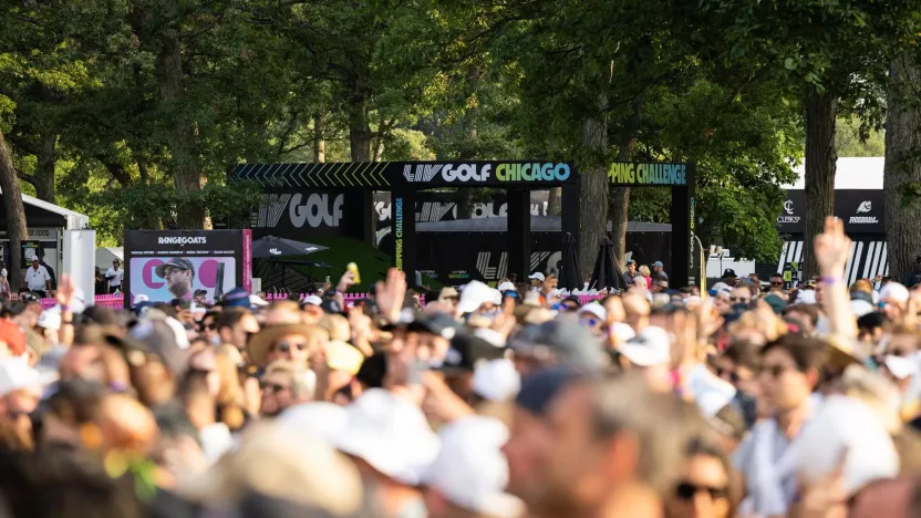 Fans at the Tiesto concert after the second round of LIV Golf Chicago at the Rich Harvest Farms on Saturday, September 23, 2023 in Sugar Grove, Illinois. (Photo by Montana Pritchard/LIV Golf)