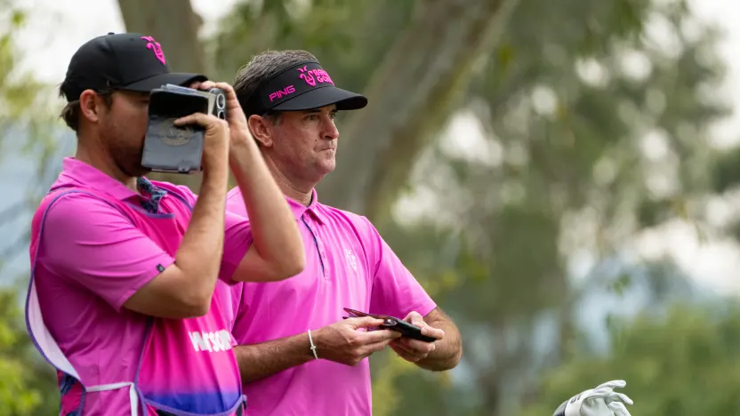 Captain Bubba Watson of RangeGoats GC and caddie, Kyle Peters, seen during the final round of LIV Golf Hong Kong at Hong Kong Golf Club Fanling on Sunday, March 09, 2025 in Fanling, Hong Kong. (Photo by Mike Stobe/LIV Golf)