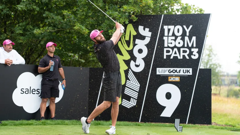 RangeGoats GC caddie, Nick Heinen hits his shot from the ninth tee during the Caddie Tournament before the start of LIV Golf United Kingdom at JCB Golf & Country Club on Wednesday, July 23, 2025 in Rocester, England. (Photo by Mateo Villalba/LIV Golf)