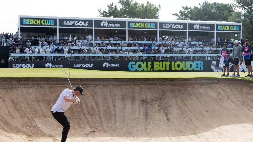 Thomas Pieters of RangeGoats GC hits his shot from a bunker on the 12th hole during the first round of LIV Golf Adelaide at the Grange Golf Club on Friday, April 26, 2024 in Adelaide, Australia. (Photo by Jon Ferrey/LIV Golf)