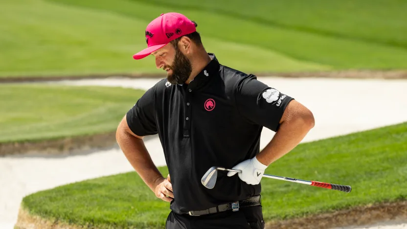 Captain Jon Rahm of Legion XIII reacts to his shot from a bunker on the fifth hole during the final round of the 2025 PGA Championship at Quail Hollow Club on Sunday, May 18, 2025 in Charlotte, North Carolina. (Photo by Jon Ferrey/LIV Golf)