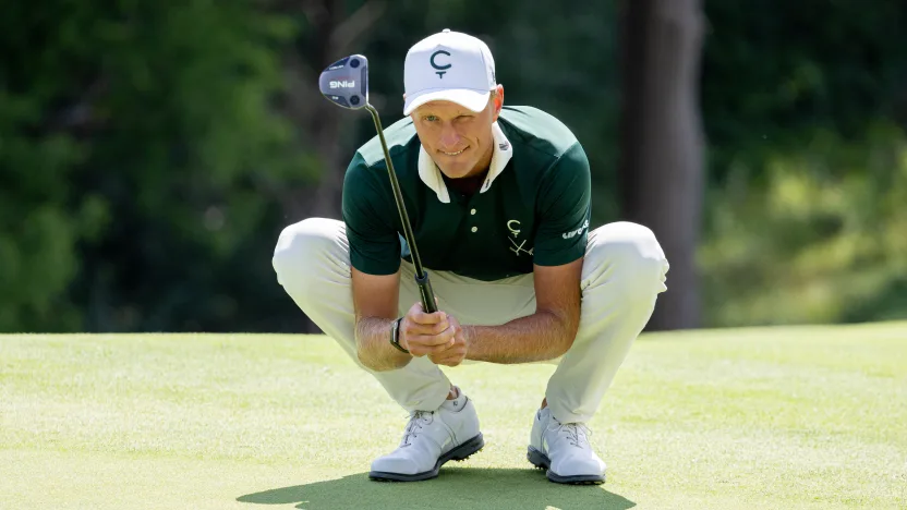 Adrian Meronk of Cleeks GC lines up a putt on the eighth green during the quarterfinals of LIV Golf Team Championship Michigan at The Cardinal at Saint John’s on Friday, August 22, 2025 in Plymouth, MIchigan. (Photo by Jon Ferrey/LIV Golf)