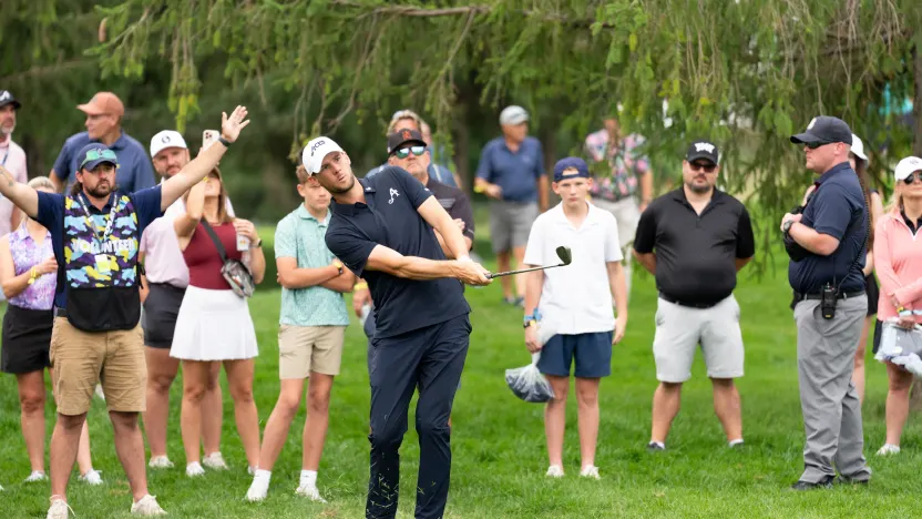Thomas Pieters of 4Aces GC hits his shot on the 16th hole during the semifinals of LIV Golf Team Championship Michigan at The Cardinal at Saint John’s on Saturday, August 23, 2025 in Plymouth, MIchigan. (Photo by Mateo Villalba/LIV Golf)