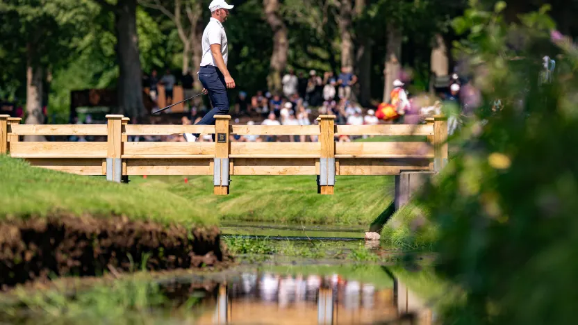Sam Horsfield of Majesticks GC walks to the 12th tee during the second round of LIV Golf United Kingdom at JCB Golf & Country Club on Saturday, July 26, 2025 in Rocester, England. (Photo by Charles Laberge/LIV Golf)