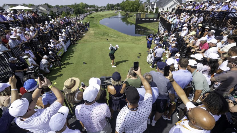 Dean Burmester of Stinger GC hits his shot from the first tee during the first round of LIV Golf Indianapolis at The Club at Chatham Hills on Friday, August 15, 2025 in Westfield, Indiana. (Photo by Charles Laberge/LIV Golf)