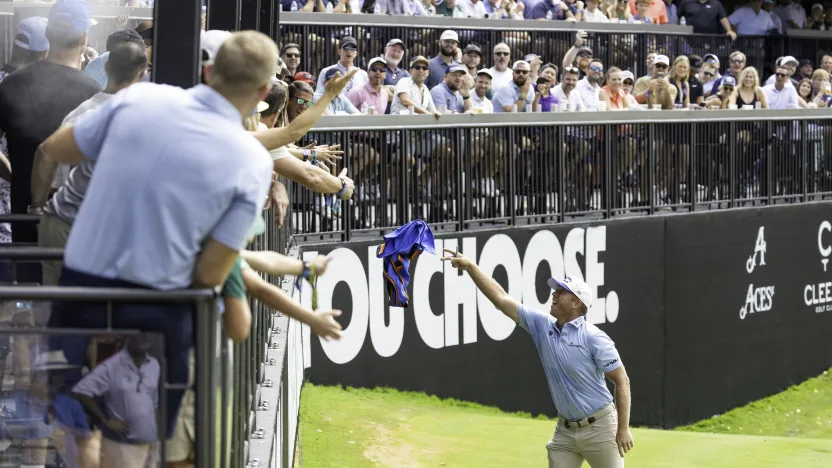 Talor Gooch of Smash GC throws his jersey into the crown on the 11th green during the final round of LIV Golf Indianapolis at The Club at Chatham Hills on Sunday, August 17, 2025 in Westfield, Indiana. (Photo by Jon Ferrey/LIV Golf)