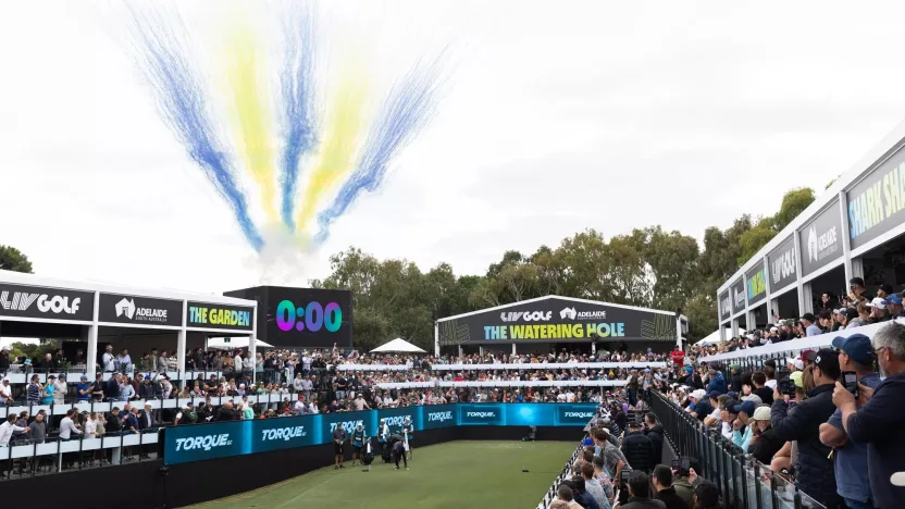 A general overview of the Watering Hole during the shotgun start of the first round of LIV Golf Adelaide at the Grange Golf Club on Friday, April 26, 2024 in Adelaide, Australia. (Photo by Jon Ferrey/LIV Golf)