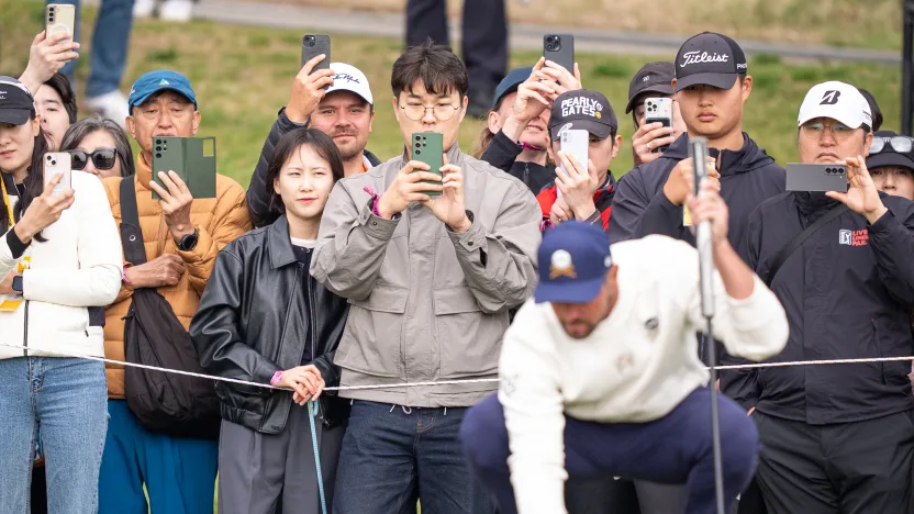 Captain Bryson DeChambeau of Crushers GC reads his putt on the 14th green during the second round of LIV Golf Korea at Jack Nicklaus Golf Club on Saturday, May 03, 2025 in Incheon, South Korea. (Photo by Pedro Salado/LIV Golf)