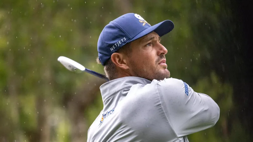 Captain Bryson DeChambeau of Crushers GC hits his shot from the seventh tee during the final round of LIV Golf Hong Kong at the Hong Kong Golf Club Fanling on Sunday, March 10, 2024 in Fanling, Hong Kong. (Photo by Chris Trotman/LIV Golf)
