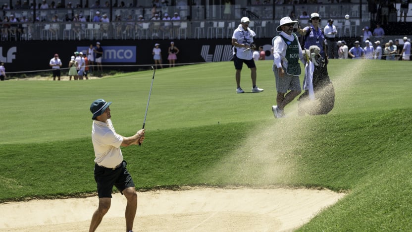 Captain Martin Kaymer of Cleeks GC hits his shot from a bunker on the 18th hole during the second round of LIV Golf Dallas at Maridoe Golf Club on Saturday, June 28, 2025 in Carrollton, Texas. (Photo by LIV Golf)