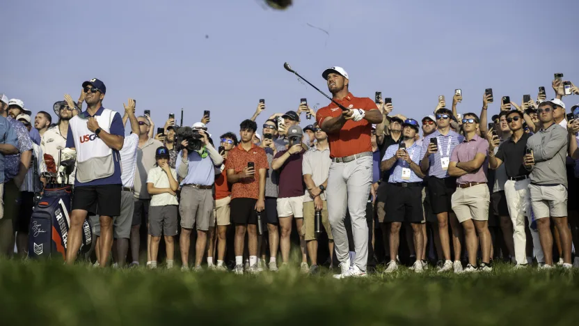 Captain Bryson DeChambeau of Crushers GC hits his shot from the rough on the first hole during the first round of the US Open at Oakmont Country Club on Thursday, June 12, 2025 in Oakmont, Pennsylvania. (Photo by Charles Laberge/LIV Golf)