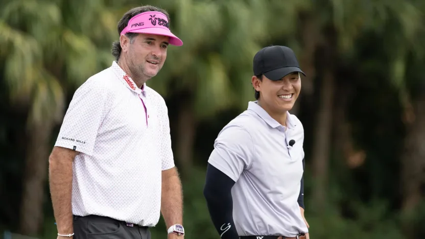 Captain Bubba Watson of RangeGoats GC and content creator Luke Kwon are seen during The Duels before the start of LIV Golf Miami at Trump National Doral on Thursday, April 03, 2025 in Miami, Florida. (Photo by Jon Ferrey/LIV Golf)
