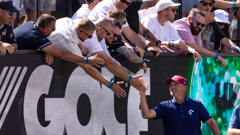 Matt Jones of Ripper GC interacts with fans on the 12th tee during the second round of LIV Golf Adelaide at Grange Golf Club on Saturday, February 15, 2025 in Adelaide, Australia. (Photo by LIV Golf)