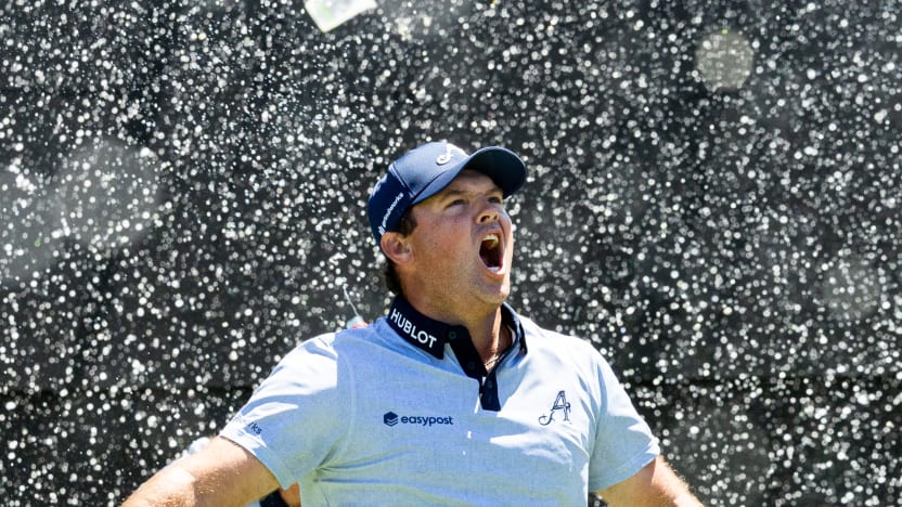 Patrick Reed of 4Aces GC reacts to his hole-in-one on the 12th hole during the first round of LIV Golf Adelaide at Grange Golf Club on Friday, February 14, 2025 in Adelaide, Australia. (Photo by Jon Ferrey/LIV Golf)