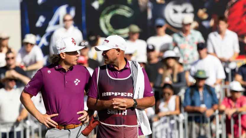Captain Cameron Smith of Ripper GC and caddie, Sam Pinfold, seen during the first round of LIV Golf Adelaide at Grange Golf Club on Friday, February 14, 2025 in Adelaide, Australia. (Photo by Matt Turner/LIV Golf)