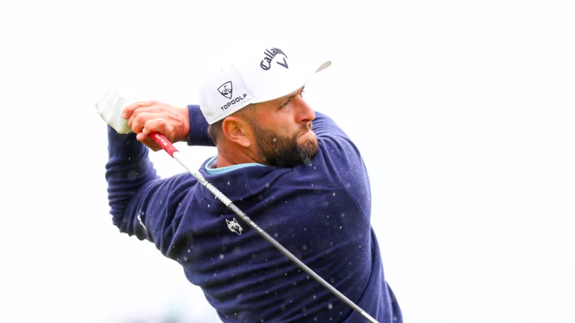 Captain Jon Rahm of Legion XIII hits his shot from the eighth tee during the first round of The Open Championship at Royal Portrush Golf Club on Thursday, July 17, 2025 in Portrush, Northern Ireland. (Photo by Chris Trotman/LIV Golf)