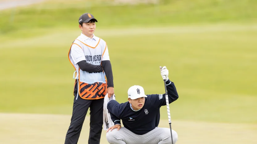 Yubin Jang of Iron Heads GC reads his putt on the ninth green during the first round of LIV Golf Korea at Jack Nicklaus Golf Club on Friday, May 02, 2025 in Incheon, South Korea. (Photo by Chris Trotman/LIV Golf