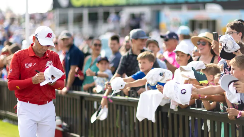Captain Sergio Garcia of Fireballs GC signs his autograph for fans before the second round of LIV Golf Indianapolis at The Club at Chatham Hills on Saturday, August 16, 2025 in Westfield, Indiana. (Photo by Jon Ferrey/LIV Golf)