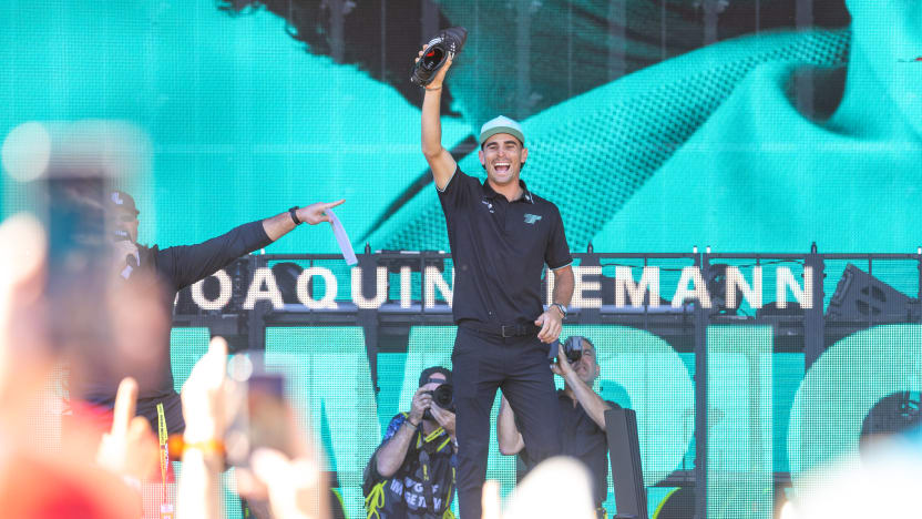 First place individual champion Captain Joaquín Niemann of Torque GC drinks champagne out of his shoe at the Trophy Ceremony after the final round of LIV Golf Adelaide at Grange Golf Club on Sunday, February 16, 2025 in Adelaide, Australia. (Photo by Chris Trotman/LIV Golf)