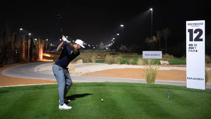 image: Andy Ogletree of HyFlyers GC hits his shot from the 12th tee during the first round of LIV Golf Riyadh at Riyadh Golf Club on Thursday, February 06, 2025 in Riyadh, Saudi Arabia. (Photo by Pedro Salado/LIV Golf)